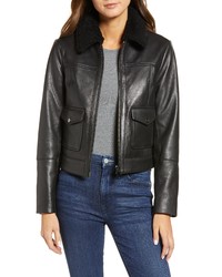 Ted Baker London Genuine Shearling Collar Leather Jacket