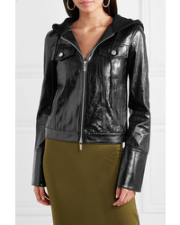 Helmut Lang Hooded Glossed Textured Leather And Ribbed Wool Blend Jacket