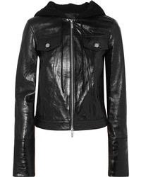 Helmut Lang Hooded Glossed Textured Leather And Ribbed Wool Blend Jacket