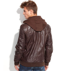 GUESS Jacket Fleece Hood Leather Bomber