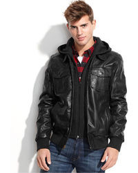 GUESS Jacket Fleece Hood Leather Bomber