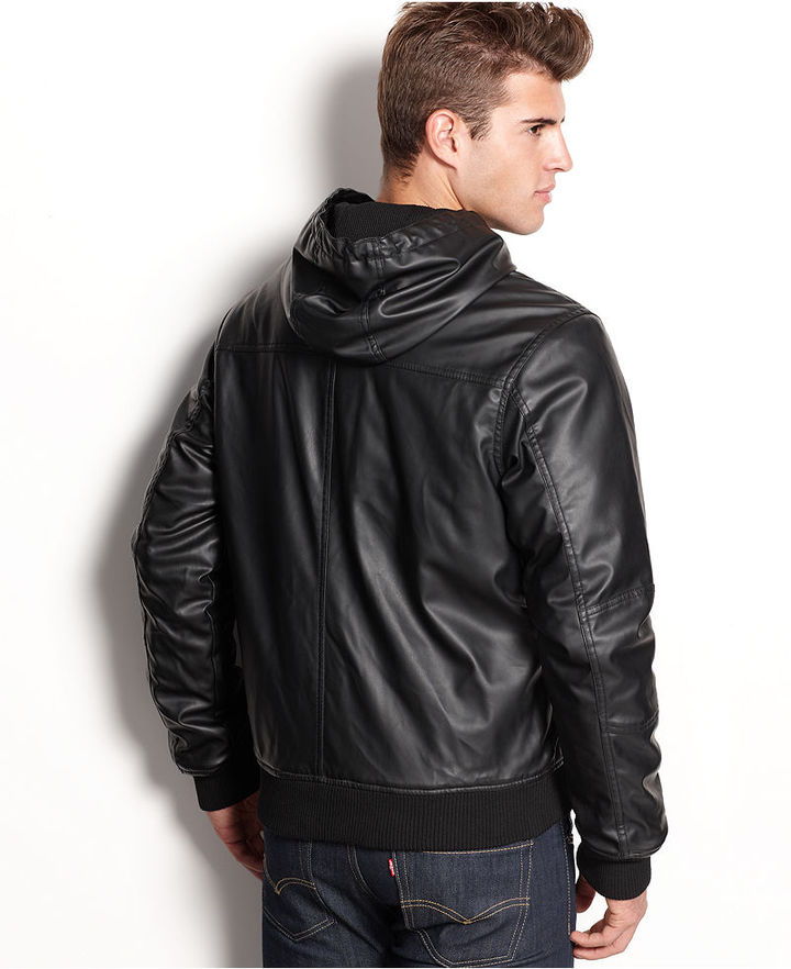 Brave Soul Jacket Hooded Faux Leather Bomber, $80 | Macy's | Lookastic