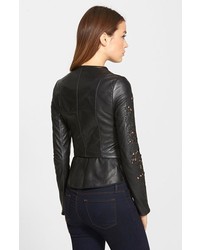 Lamarque Embroidered Sleeve Leather Peplum Jacket