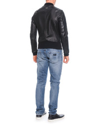 Dolce & Gabbana Leather Bomber Jacket Short Sleeve Henley T Shirt Destroyed Washed Denim Jeans