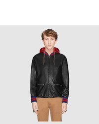 Gucci Leather Bomber Jacket With Nylon Hood