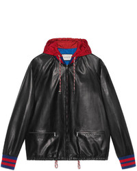 Gucci Leather Bomber Jacket With Nylon Hood