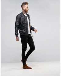 Asos Leather Bomber Jacket With Strap Detail In Black
