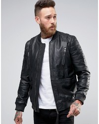 Asos Leather Bomber Jacket With Strap Detail In Black