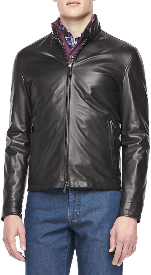 Ermenegildo Zegna Leather Moto Jacket Black, $3,995 | Neiman Marcus ...