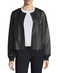 DKNY Leather Snap Front Bomber Jacket Black