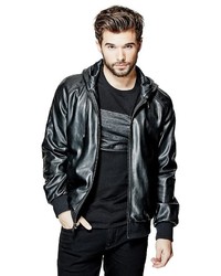 GUESS Palmer Faux Leather Hooded Bomber Jacket