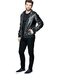 GUESS Palmer Faux Leather Hooded Bomber Jacket