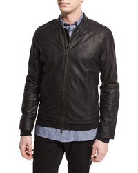 Vince Perforated Leather Zip Bomber Jacket Black