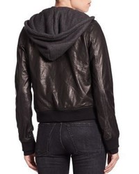 R 13 R13 Layered Jersey Hood Leather Bomber Jacket