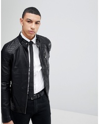 Soul Star Ribbed Arm Faux Leather Zip Through Jacket
