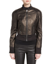 Tom Ford Stand Collar Zip Front Leather Bomber Jacket Black