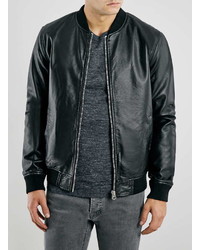 Topman Black Leather Look Bomber Jacket