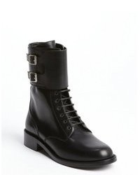 Saint Laurent Black Leather Double Buckle Detail Lace Up Combat Boots