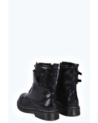 Boohoo Jenny Buckle Strap Lace Up Worker Boot