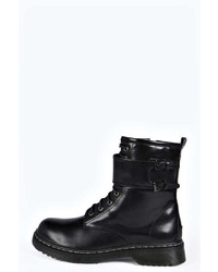 Boohoo Jenny Buckle Strap Lace Up Worker Boot