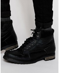 Asos Brand Boots In Black Leather With Suede Cuff Detailing
