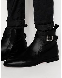 Asos Brand Boots In Black Polish Leather With Buckle Strap
