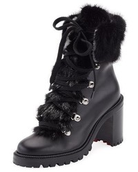 Christian Louboutin Fanny Leather Fur Trim Red Sole Combat Boot