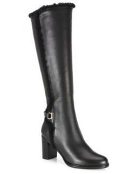Salvatore Ferragamo Fred Tall Shearling Trimmed Leather Block Heel Boots
