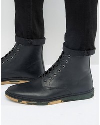 Asos Lace Up Boots In Black Leather With Camo Sole