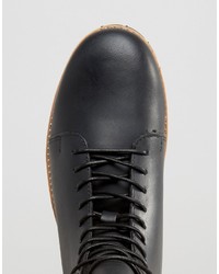 Asos Lace Up Boots In Black Leather With Cleated Heavy Sole