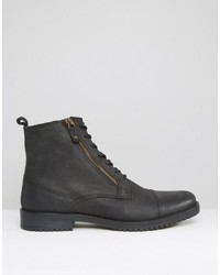 Asos Lace Up Boots In Black Leather With Double Zip