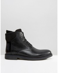 Asos Lace Up Boots In Black Leather With Neoprene Cuff