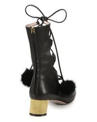 Gucci Lace Up Fur Pom Pom Leather Boots
