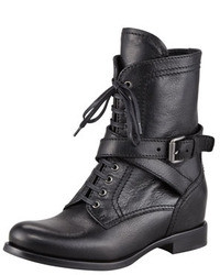 Prada Lace Up Leather Combat Boot Black