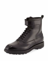 Prada Leather Lace Up Combat Boot Black