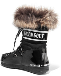 Moon Boot Monaco Faux Fur Trimmed Shell Piqu And Faux Patent Leather Snow Boots Black