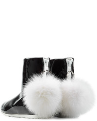 Joshua Sanders Patent Leather Boots With Fur Pom Pom