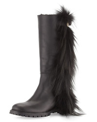 Fendi Tall Fur Fringe Leather Boot Black