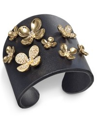 ABS by Allen Schwartz Gold Tone Crystal Flower Black Leather Cuff Bracelet