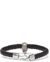 Alexander McQueen Braided Leather And Burnished Silver Tone Skull Bracelet