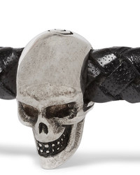Alexander McQueen Braided Leather And Burnished Silver Tone Skull Bracelet
