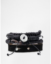 Asos Brand Leather Bracelet Pack In Black