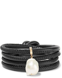 Mizuki Convertible 14 Karat Gold Leather And Pearl Wrap Bracelet Black