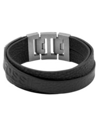 Fossil Bracelet Stainless Steel Black Leather Double Wrap Bracelet