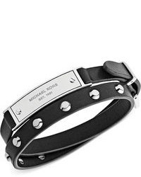 Michael Kors Michl Kors Silver Tone Stud And Plaque Black Leather Wrap Bracelet