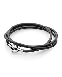 Pandora Bracelet Black Leather Triple Wrap Strength With Sterling Silver Clasp