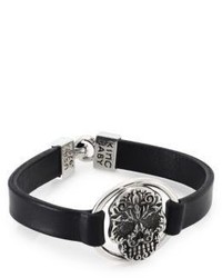 King Baby Studio Sterling Silver Baroque Skull Centerpiece Leather Strap Bracelet