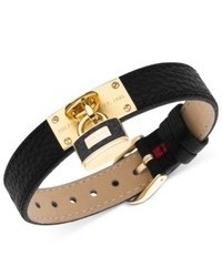 Tommy Hilfiger Gold Tone Lock Charm Black Leather Buckle Bracelet