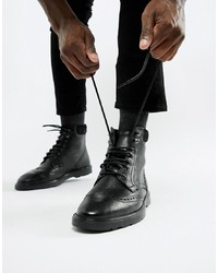 ASOS DESIGN Asos Brogue Boots In Black Leather With Cuff Detail