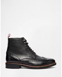 Asos Brand Brogue Boots In Black Leather With Red Pull Tab